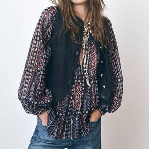 Zara Navy Boho Women's Blouse with Silver Metallic Thread NWT